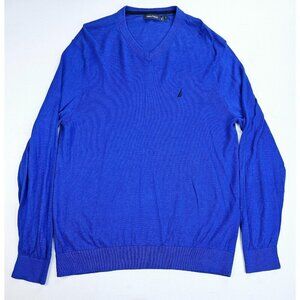 Nautica Size Large Mens V Neck Blue Embroidered Chest Logo Pullover L/S Sweater